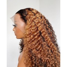 Glueless lace front human hair Beyonce ombre blonde curly wig--BYC564